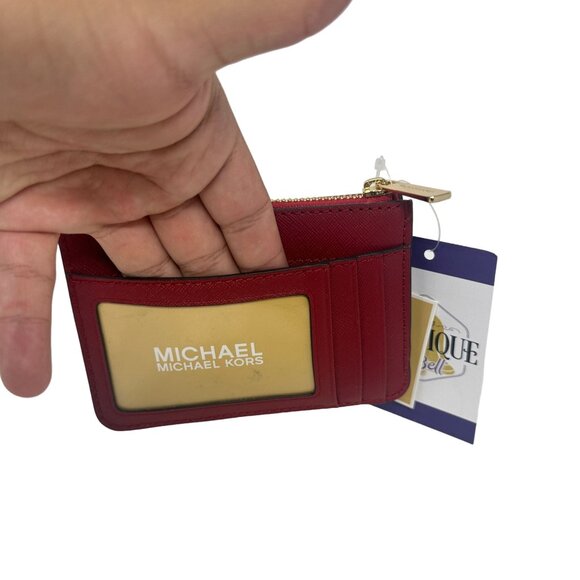 NWT Michael Kors Jet Set Travel Scarlet Leather Coinpouch Wallet Gold Accents - Picture 3 of 12
